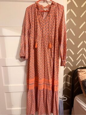 belk Orange Printed Long Sleeve Maxi Dress with Tassel Tie
